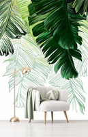 Фотообои Dekor Vinil &#34;Акварельные пальмовые листья на белом фоне&#34; 200х260 см. /Фотообои листья /Фотообои тропики/ Фотообои на стену /Фотообои для спальни, гостиной, кухни, детской. Спонсорские товары