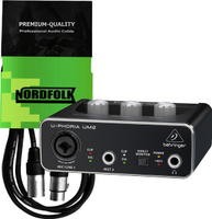 Комплект из аудиоинтерфейса BEHRINGER UM2 USB + Кабель микрофонный NordFolk NMC9/1m, 1метр. Спонсорские товары