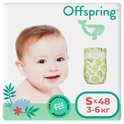 Offspring подгузники, S 3-6 кг. 48 шт. расцветка Авокадо. Хиты продаж