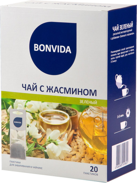 Чай зеленый BONVIDA с жасмином листовой, 20 пакетиков - 3 упаковки ...