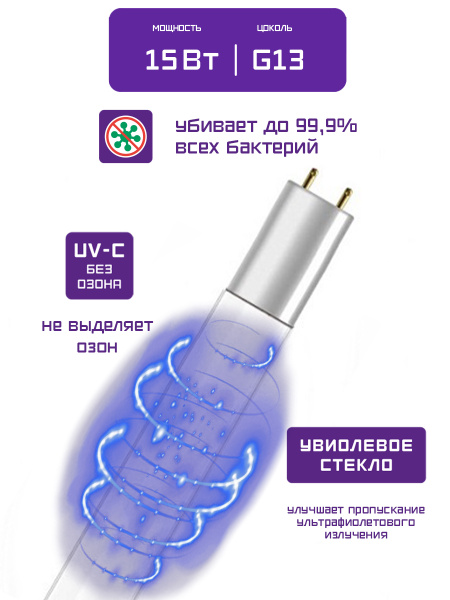 Лампа бактерицидная специальная безозоновая ДБ 15 Вт 254 нм UV 438 мм ...