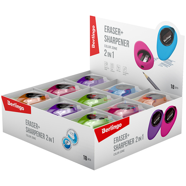 Точилка ручная пластиковая с ластиком Berlingo Color Zone (1 отверстие ...