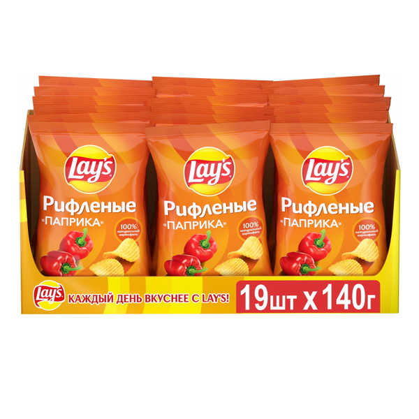 Lays / Лейс Чипсы картофельные, Рифленые Паприка, Шоубокс, 19шт.*140гр ...