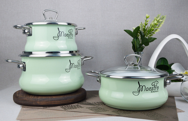 Набор эмалированной посуды Maestro, кастрюли 2л 3л 4л, зеленый ...
