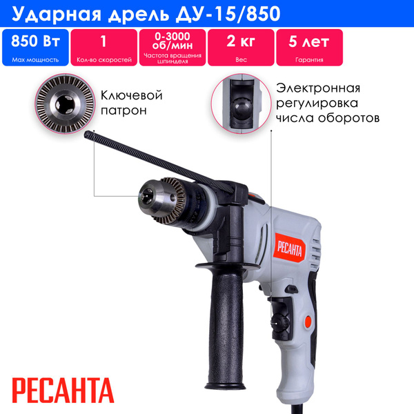 Дрель ударная ДУ-15/850 Ресанта 850 Вт 3000 об/мин - купить в интернет ...