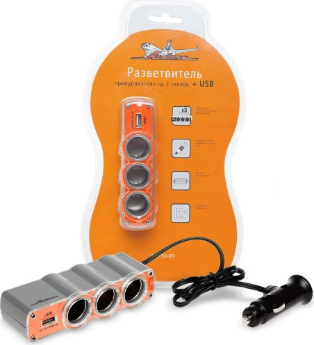 Разветвитель прикуривателя 3 гнезда+1USB "AIRLINE" (ASP-3U-03)