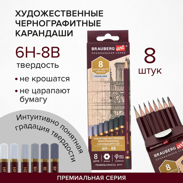 Карандаши простые чернографитные профессиональные 6H-8B Набор 8 штук ...