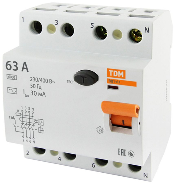ТДМ Электрик ВД1-63 УЗО 4Р 63А хар-ка АС 30мА / TDM Electric ВД1-63 ...