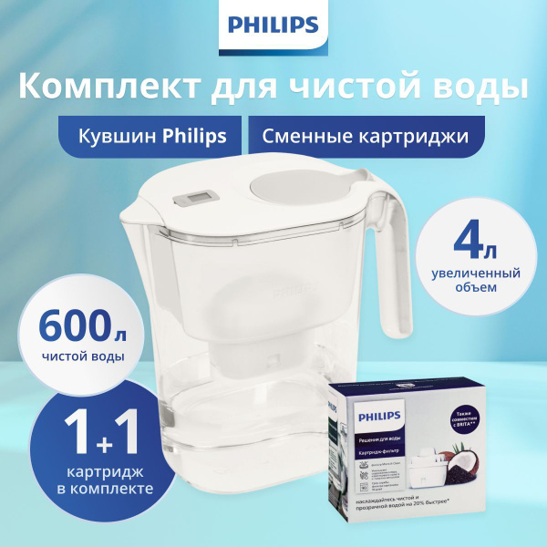 Комплект фильтр-кувшин для очистки воды Philips AWP2938WHT, 4 литра с ...