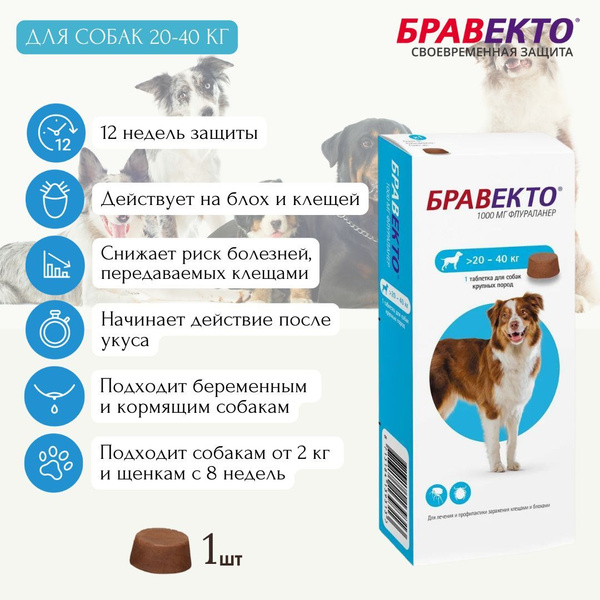 Бравекто Таблетка от клещей и блох для собак весом 20-40 кг, 1 таблетка ...
