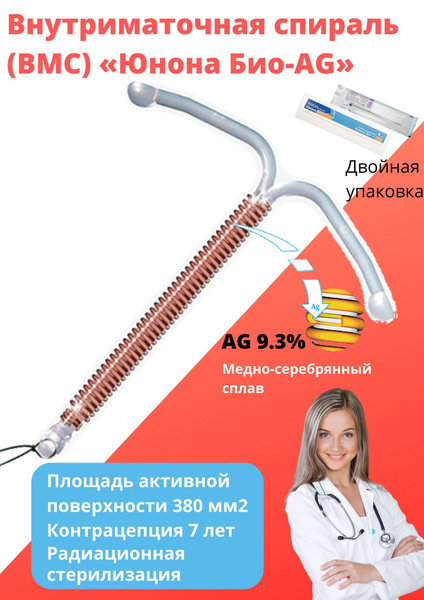 Внутриматочная спираль (ВМС) Юнона Био-Т Ag Длительность контрацепции 7 ...