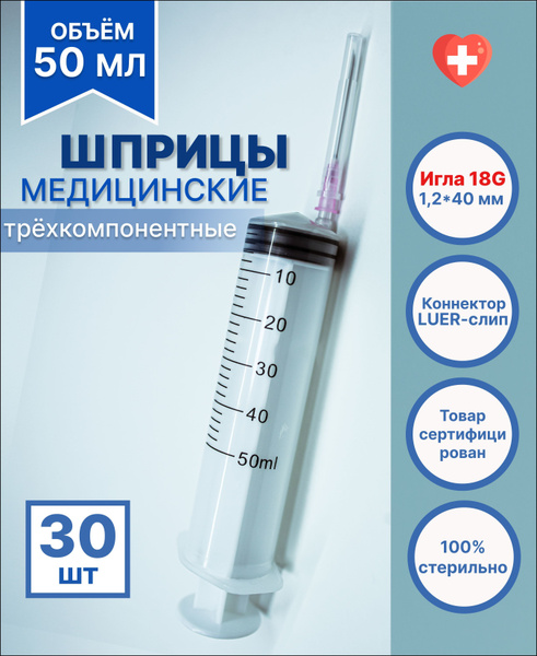 Шприц медицинский 50 мл одноразовый стерильный для инъекций с иглой ...