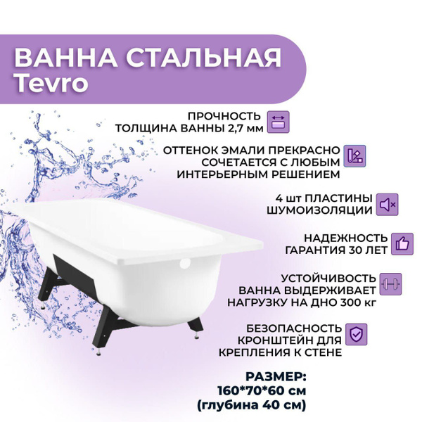 Ванна стальная ВИЗ Tevro 160x70 ножки в комплекте/ европейское качество ...