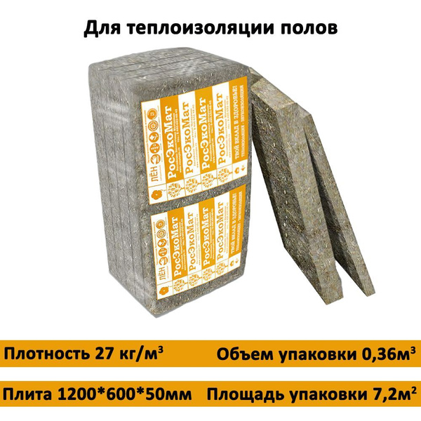 Льняной утеплитель РосЭкоМат Пол 1200х600х50 мм, 10 плит, 0.36 м3 для ...