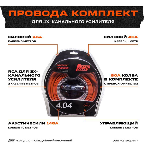 Провода комплект AMP 4.04 (CCA) для 4х канального усилителя - купить с ...