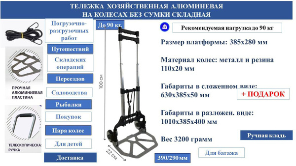 Тележка хозяйственная грузовая складная на колесах до 80 кг черная ...