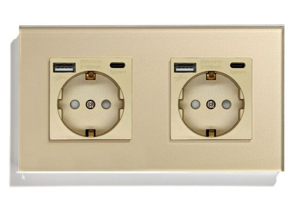 Двойная встраиваемая розетка в стеклянной золотой рамке с USB и Type-C ...