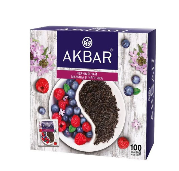 Akbar Чай черный в пакетиках Малина и Черника, 100 пак, 3 упаковки ...