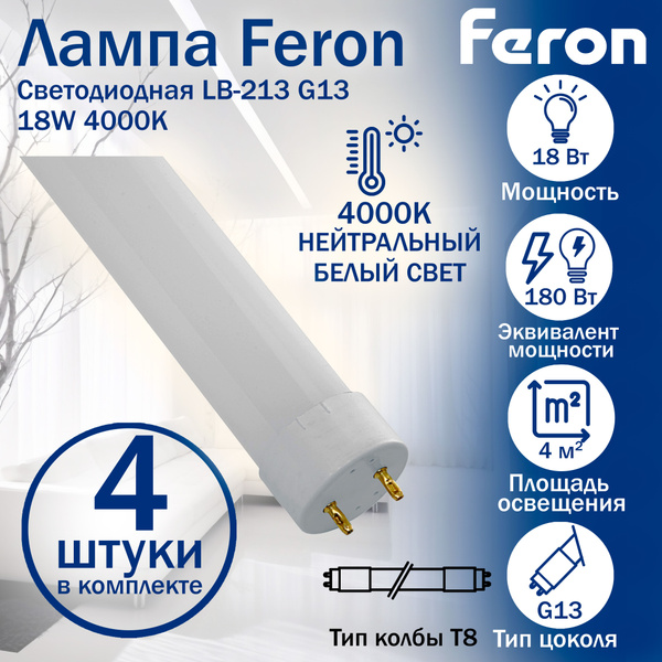 Светодиодная Лампочка Feron G13 Линейная 1650 Лм 4000 К - купить в ...