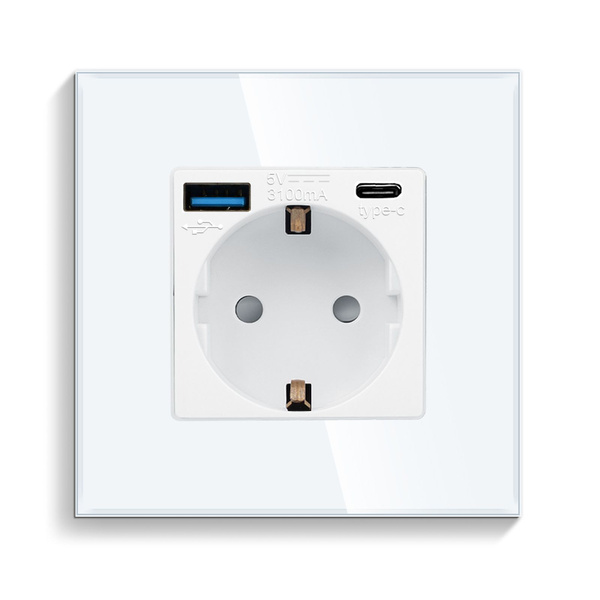 Розетка электрическая с USB/TYPE-C AC, 1 пост 16А, рамка 86х86 стекло ...