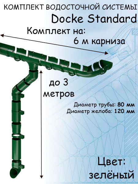 Комплект водосточной системы Docke Standard зеленый 6 метров (120мм ...