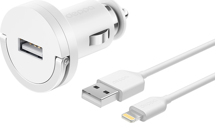 фото Автомобильное Зарядное Устройство USB 1А, дата-кабель 8-pin для Apple (MFI), белый, Ultra, Deppa