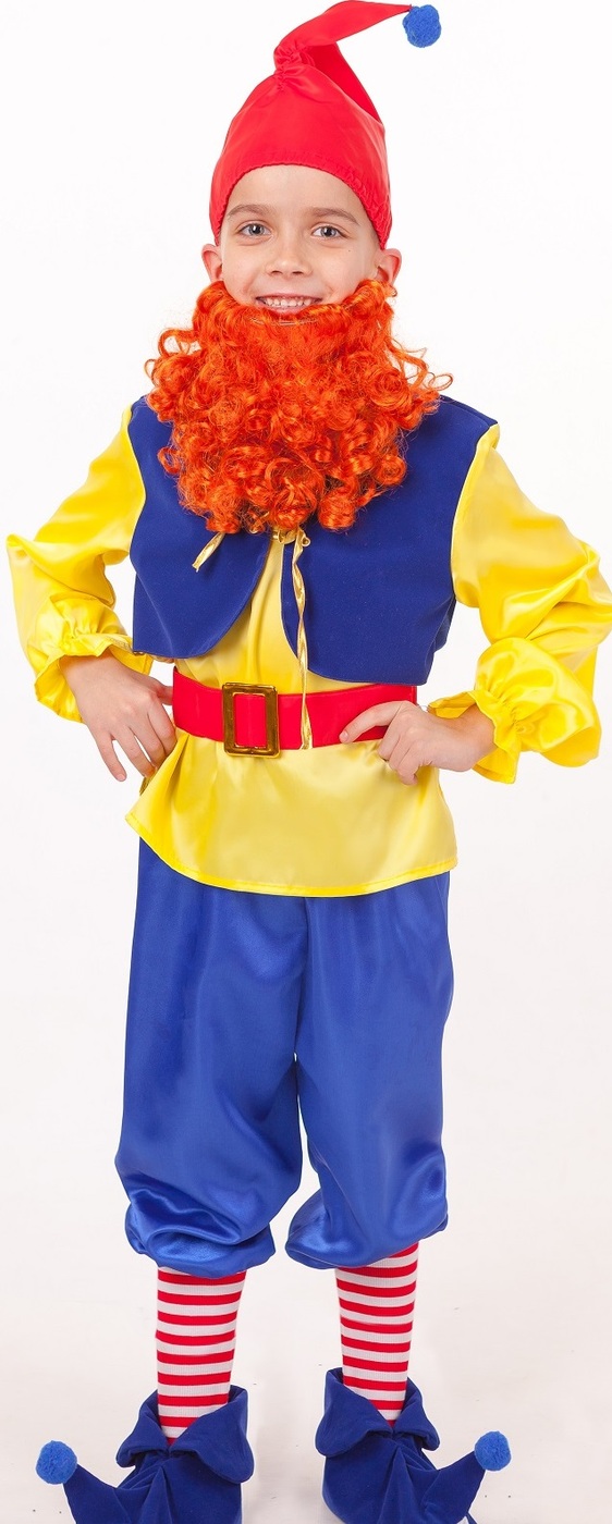 фото Карнавальный костюм Гном Тилли рубашка с поясом, брюки, башмачки, колпак, борода размер 110-56 Пуговка