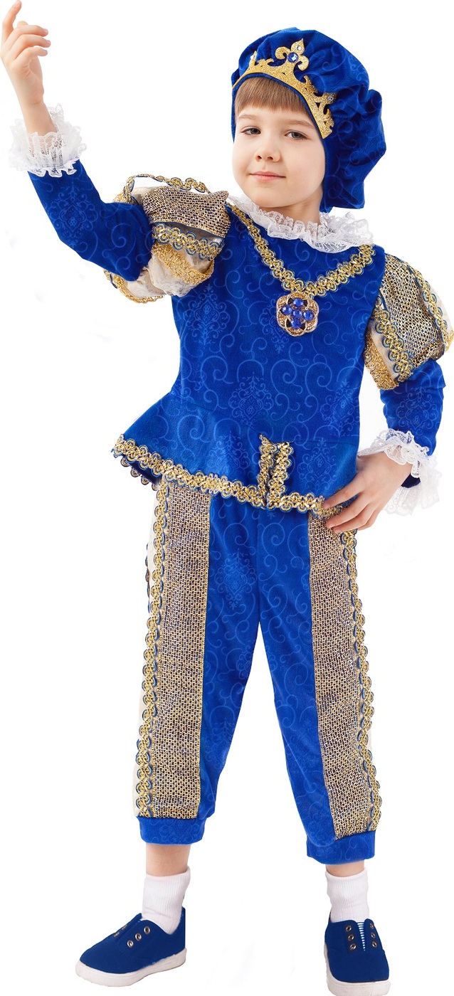 фото Карнавальный костюм Принц камзол, брюки, берет с короной, накладки на обувь размер 110-56 Пуговка