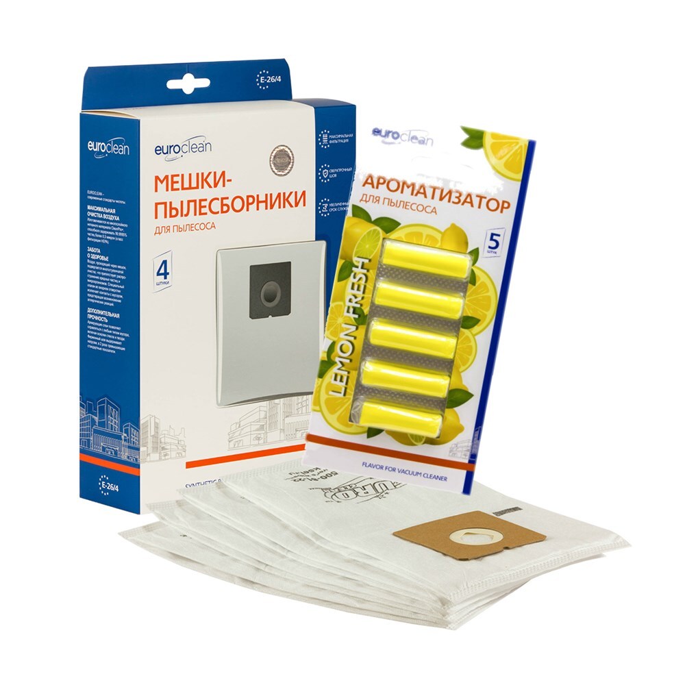 Мешки-пылесборники Euroclean синтетические 4 шт и ароматизатор \"Лимон ...