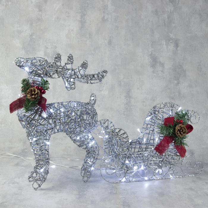 Светодиодная фигура Олень с санями серебристый , олень: 40 х 50 х 16 см, сани: 40 х 25 х 10 см, металл, 220 В, свечение белое