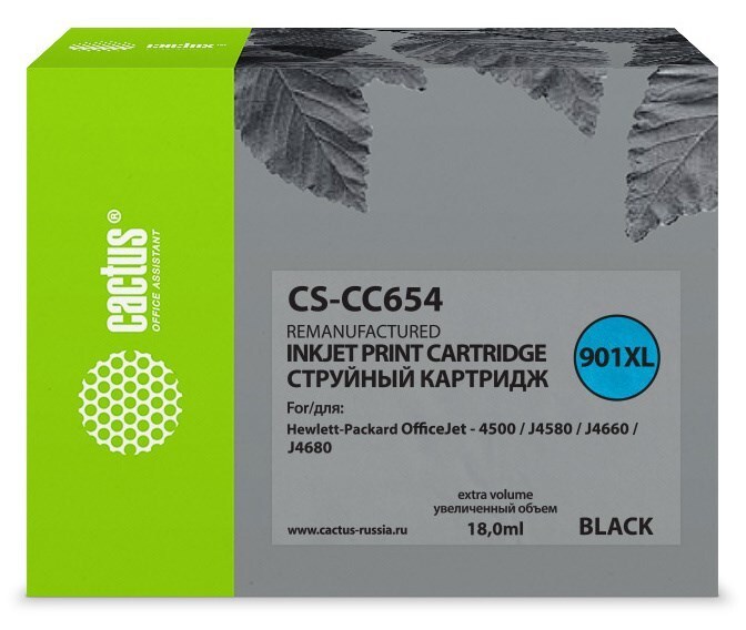 КартриджструйныйCACTUSCS-CC654/901XL/CC654AEУвеличенныйчерный18мл.,700стр.дляHP(CS-CC654)