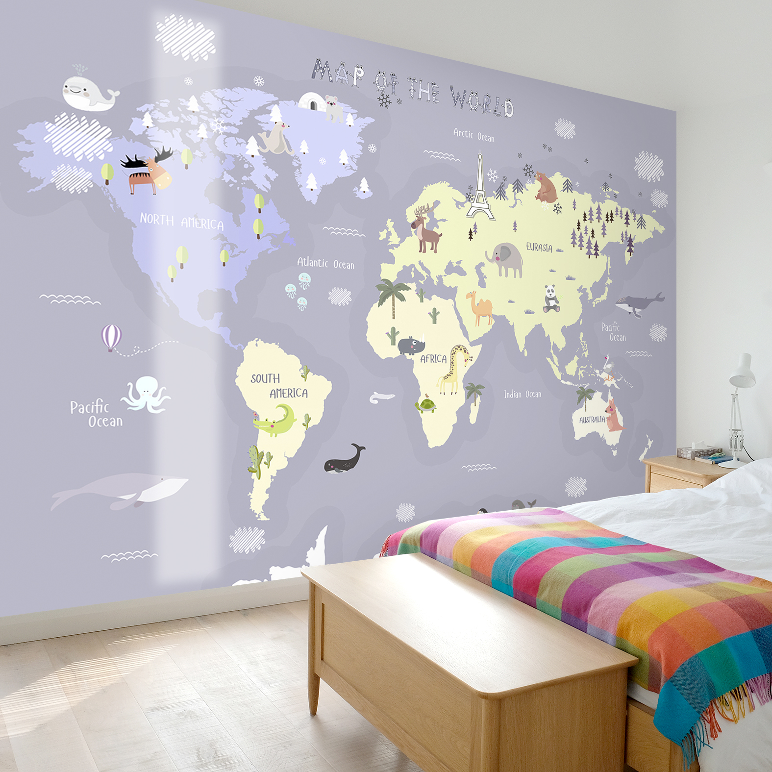 Фотообои карта мира для детей в интерьере