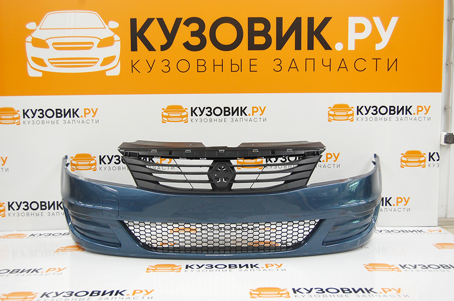 Бампер передний в цвет для Рено Логан 1 Renault Logan 1 фаза 2 (2009-2015) в сборе RNF - Серо-синий, без отверстий под птф