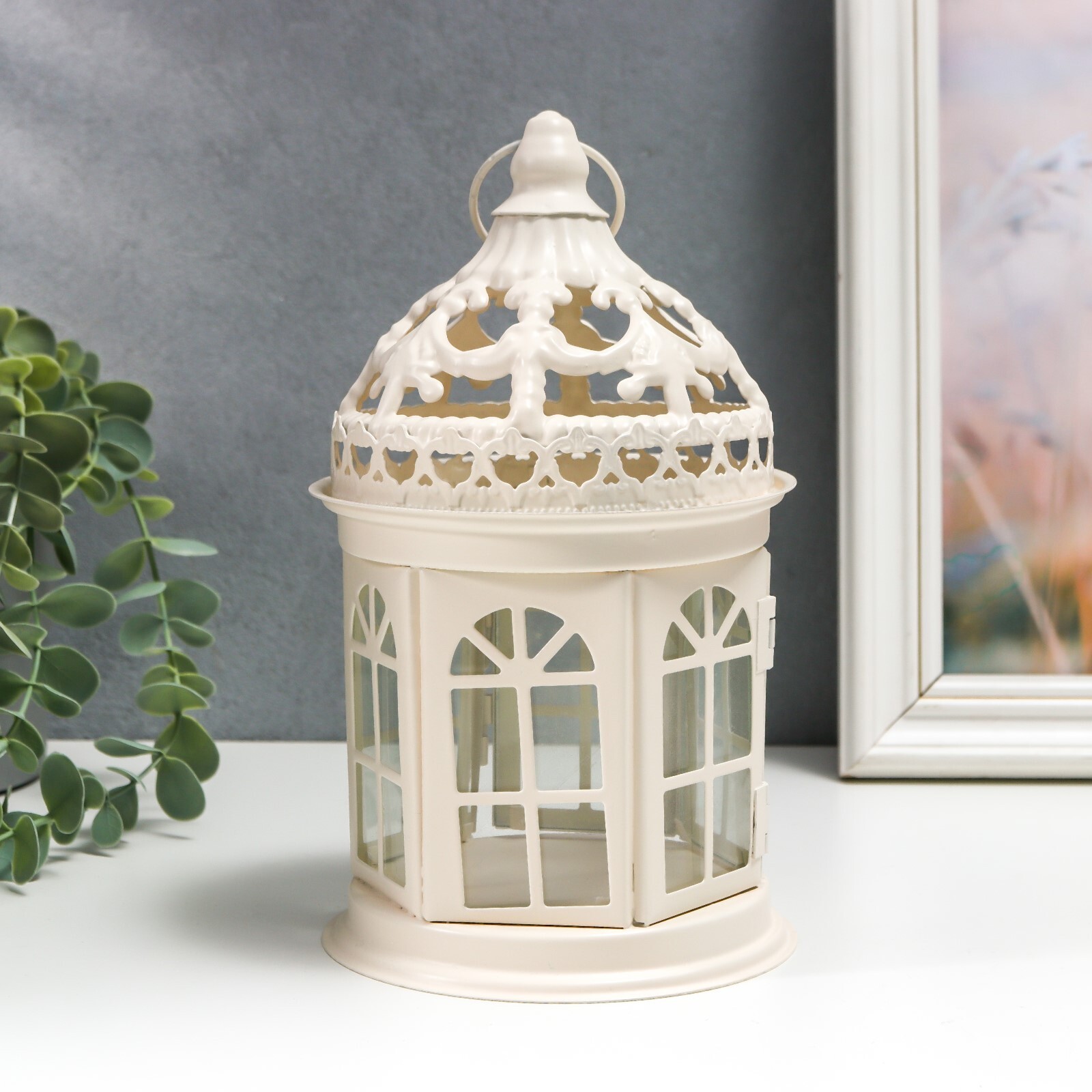 Подсвечник для декора / "Фонарь - ажурная беседка" белый 12,5х12,5х21 см / подсвечник стекло металл