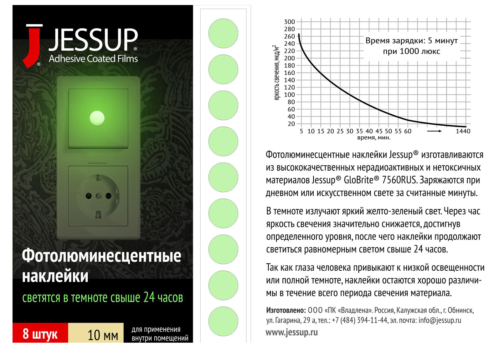 ФотолюминесцентныенаклейкиJessup,светятсядо24часов/светящиесявтемноте,диаметр10мм.8шт/уп