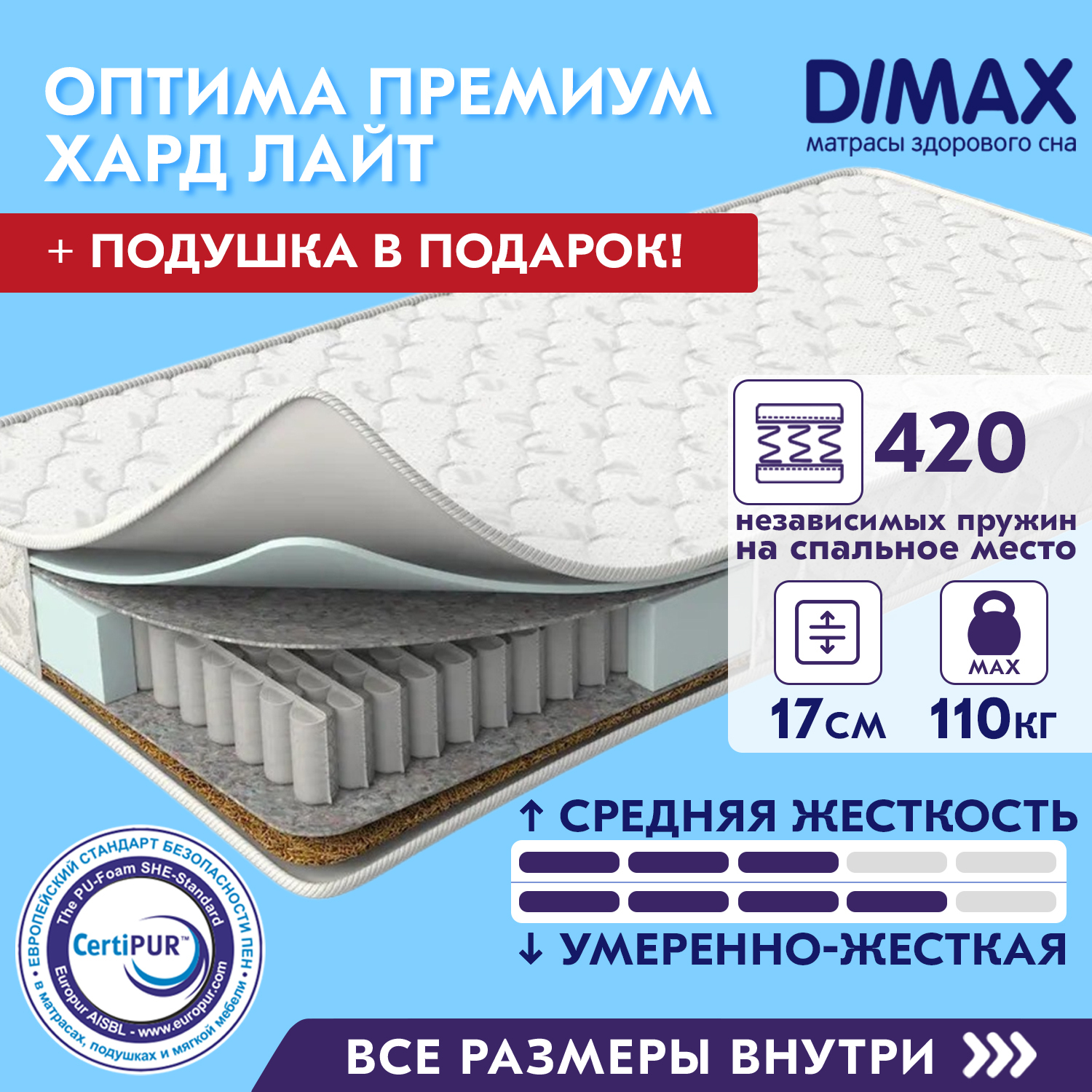 Матрас dimax оптима премиум хард лайт 90х200 см