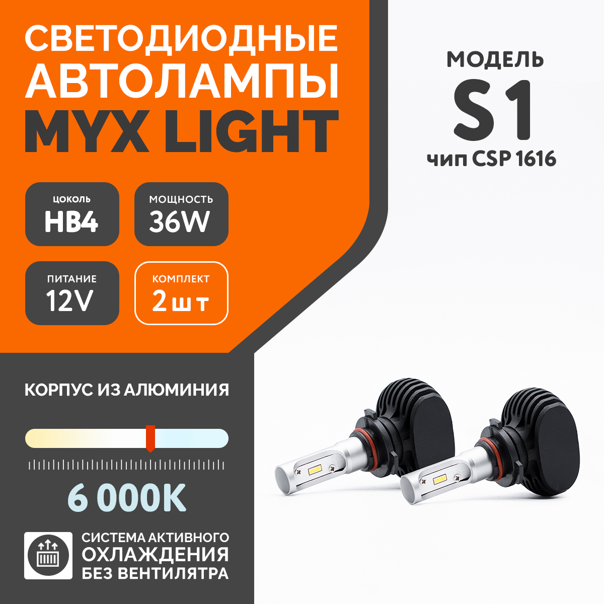 СветодиодныелампыдляавтомобиляMYXS1цокольHB4(9006)снапряжением12Vимощностью18W,чипCSP1616температурацвета6000K,ценаза2шт.