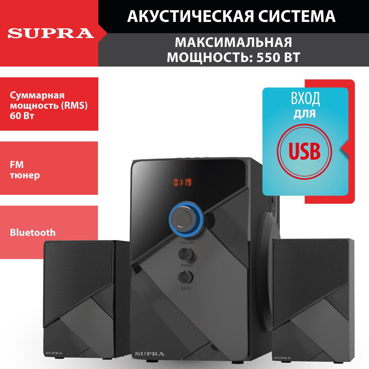 Акустическая система Supra с Bluetooth и радио-тюнером, USB, AUX, черный -  купить по низким ценам в интернет-магазине OZON (201493664)