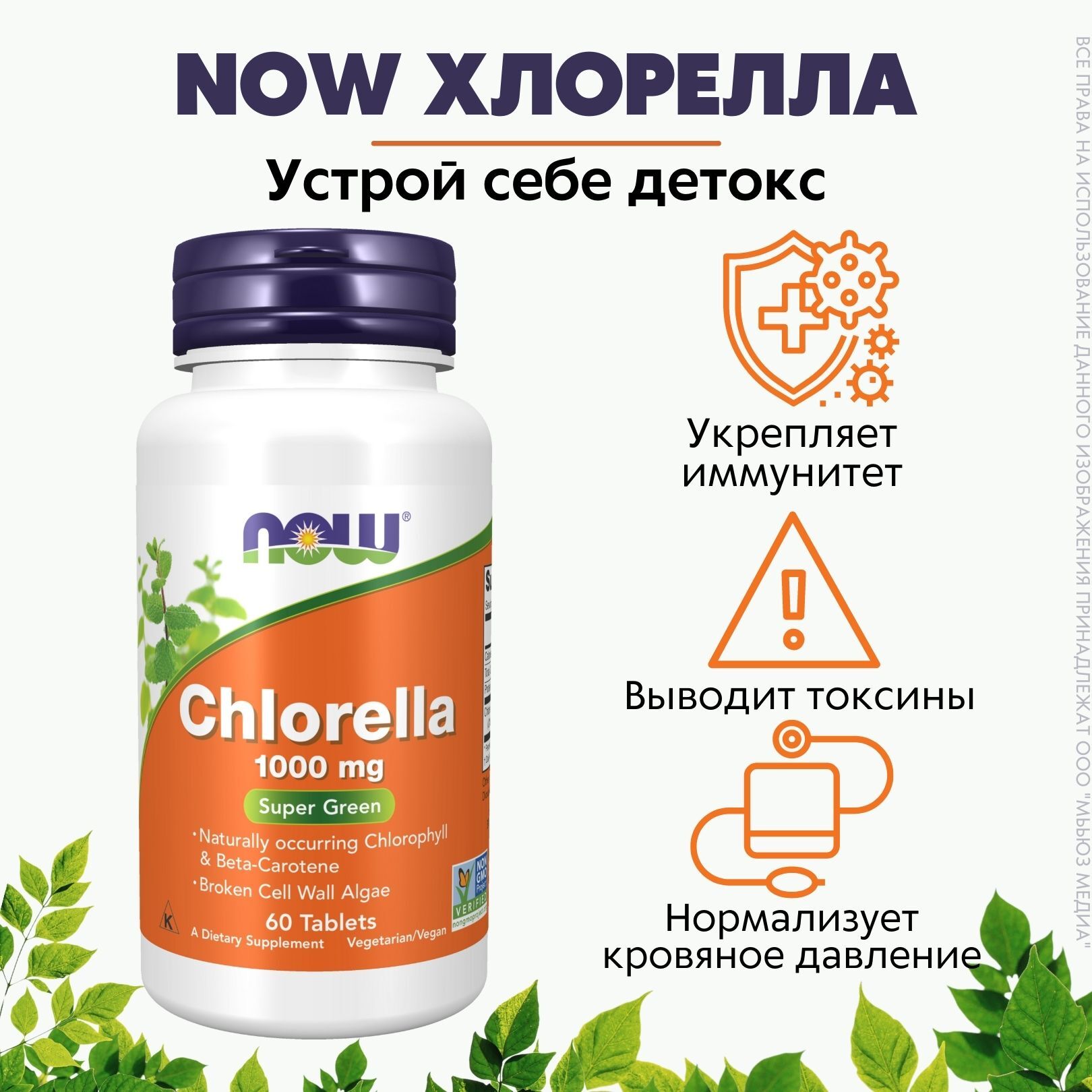 NOW Хлорелла 60таб 1040мг (CHLORELLA 1000mg 60 TABS)