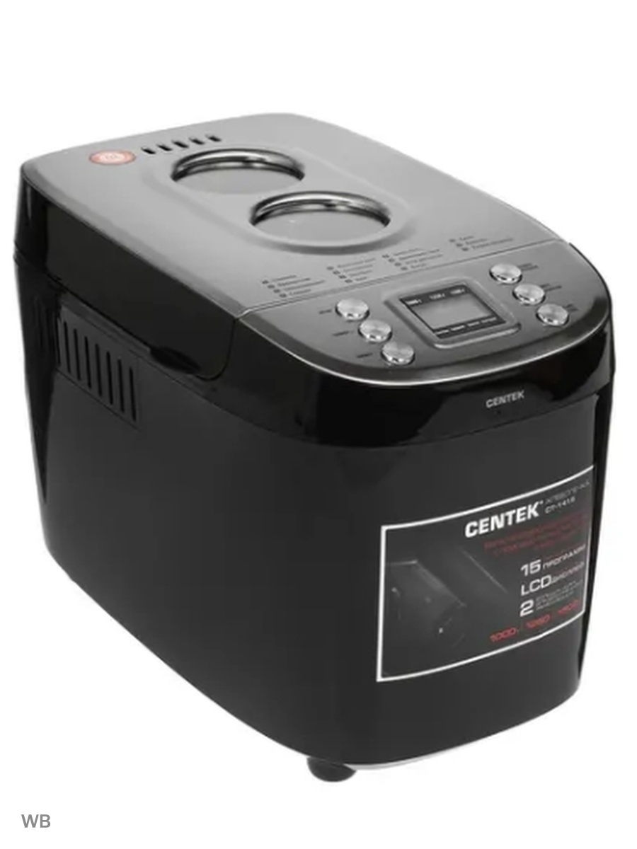 Centek Хлебопечка Хлебопечка Centek CT-1415 Black 1500 г БОЛЬШОЙ ОБЪЁМ, 860Вт, 15 программ, таймер, LCD, окошко 860 Вт, вес выпечки 1500 г, программ 15