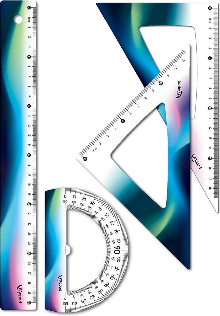 Набор геометрический MAPED NIGHTFALL Макси: линейка 30см, угольник 21см/60, угольник 21см/45, транспортир 12см, цвет: оттенки синего
