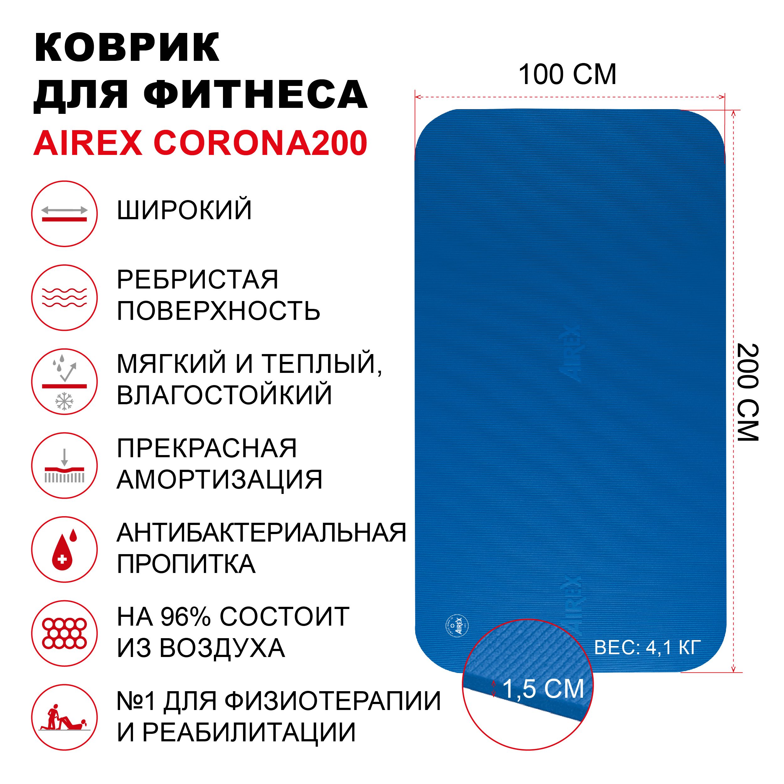 КоврикгимнастическийдляфитнесаAIREXCorona200,200х100х1,5см.,синий