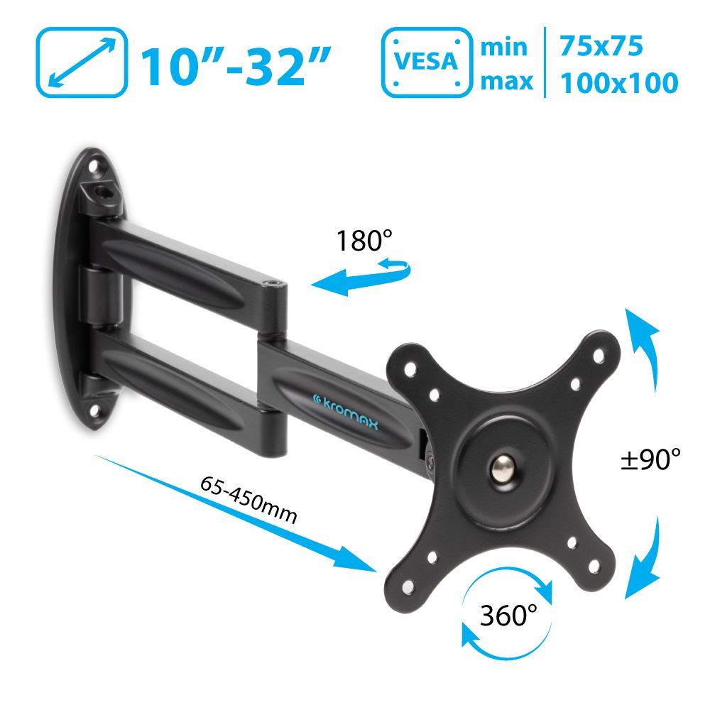 Кронштейн для телевизора настенный Kromax TECHNO-11 / до 32 дюймов / наклонно-поворотное крепление для тв