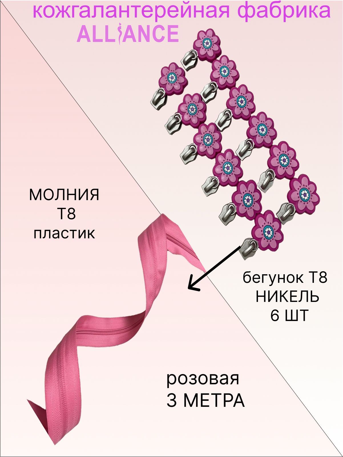 КомплектMолниярулонная(пластиковаяспираль)розовая3метраибегунокТ8цветочек6штукпуллердлябегунка