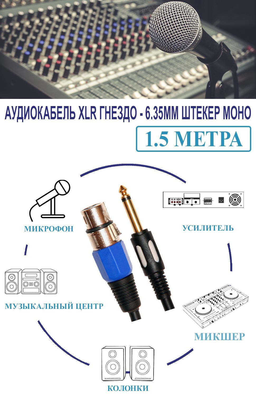 АкустическийкабельмикрофонныйJack6.3mm-XLR1.5метра