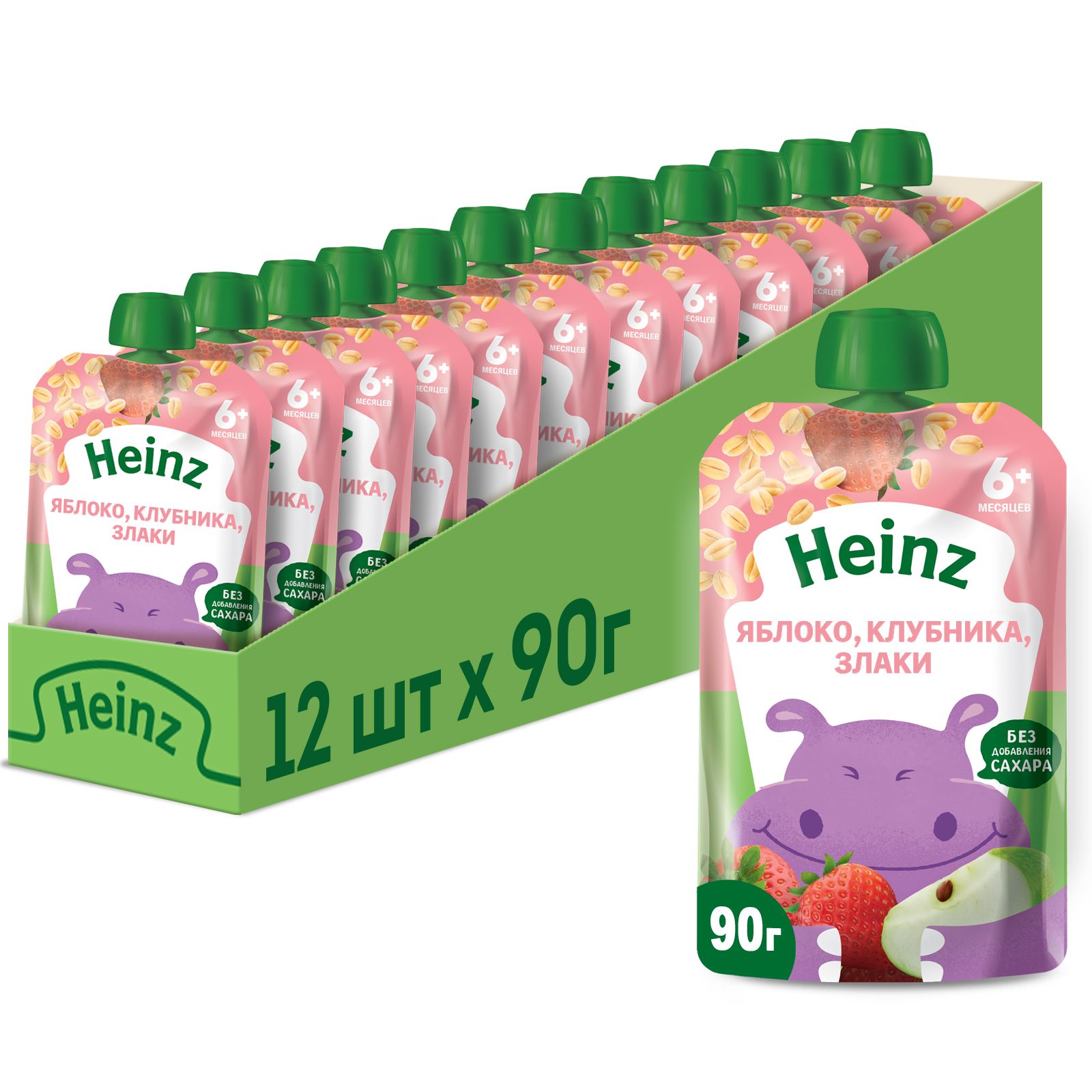 Пюре фруктовое Heinz с 6 месяцев, яблоко, клубника и злаки, 90 г x 12