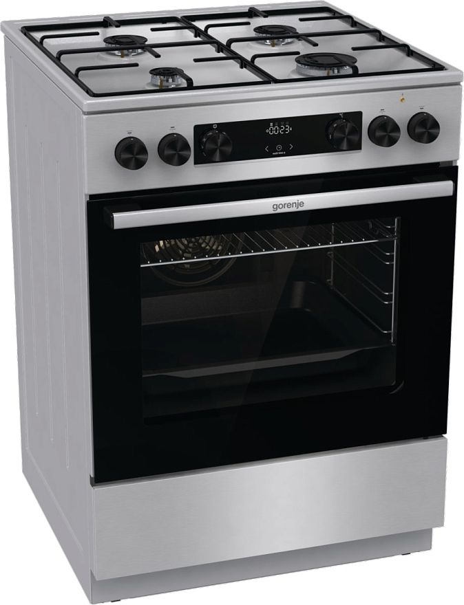 Плита комбинированная Gorenje GKS6C70XJ, 4 конфорки, 7.8 кВт, электроподжиг, духовка 71 л, одиннадцать режимов, нержавеющая сталь