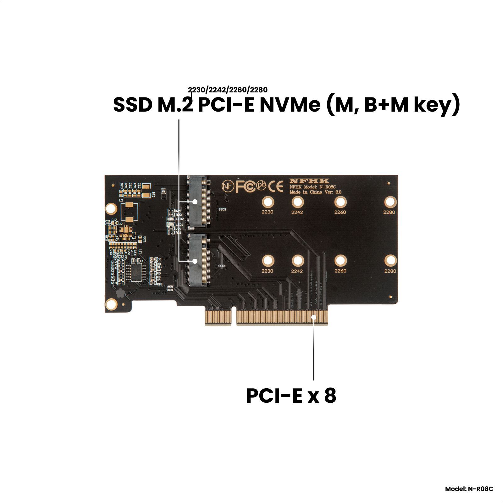 Адаптер-переходник (плата расширения) для установки 2 накопителей SSD M.2 2230-2280 PCI-E NVMe (M, B+M key) в слот PCI-E 3.0/4.0 х8/x16, черный, NHFK N-R08C