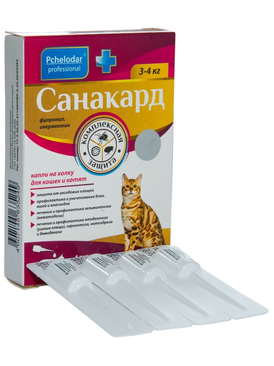 Санакард капли на холку для кошек и котят Пчелодар по 0,4 мл х 4 шт -  купить с доставкой по выгодным ценам в интернет-магазине OZON (1003266411)