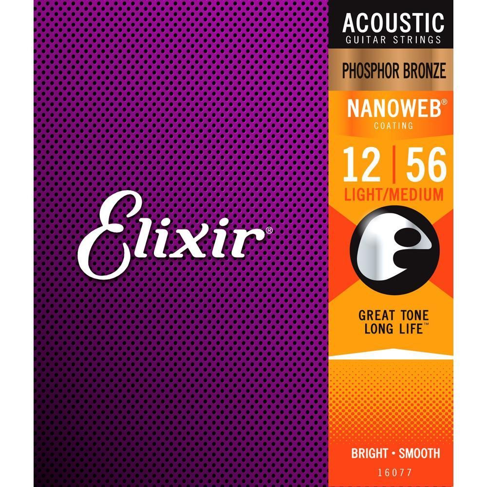 Струны 16077 для акустической гитары Elixir 12-56 Nanoweb